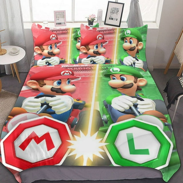 Mario Bedding Set Mario And Luigi Fight In Game Duvet Covers Red Green ...