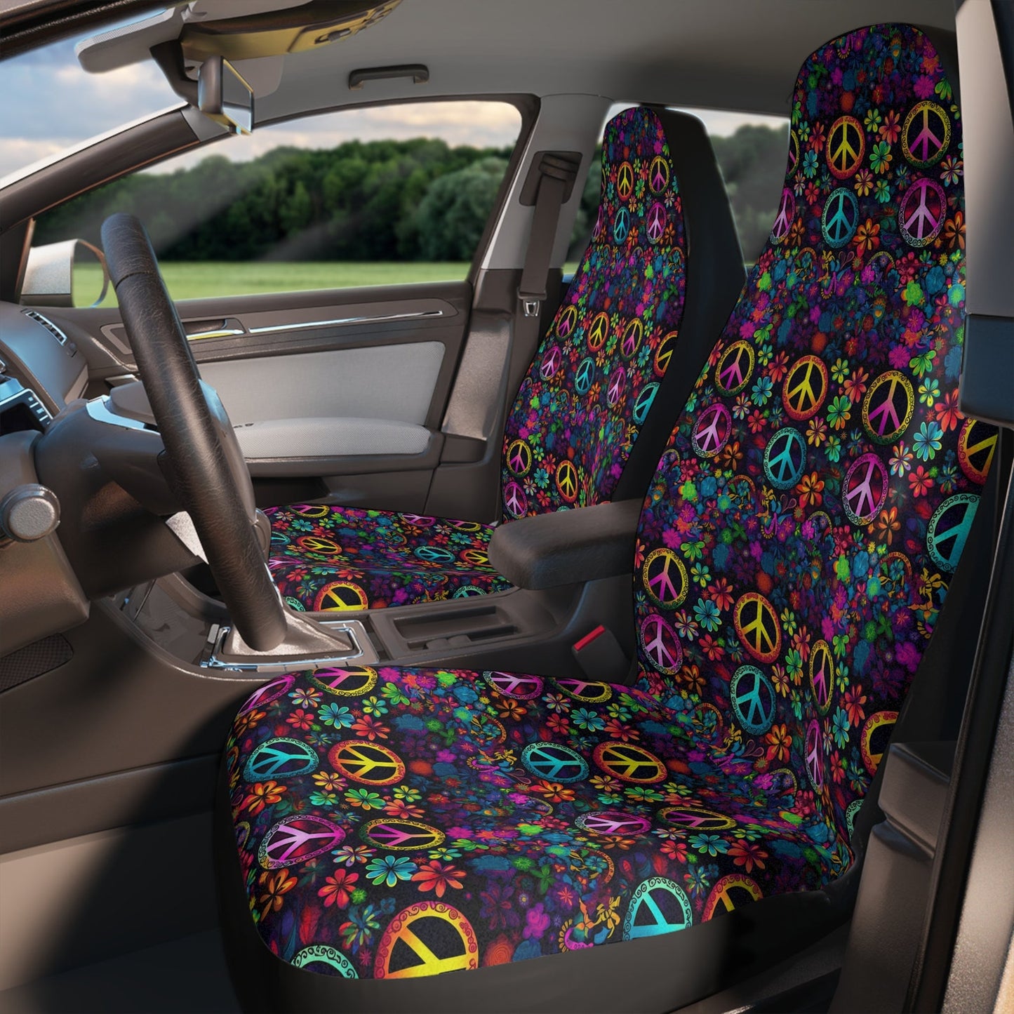 Hippie Car Seat Covers Peace Signs Flowers Pattern Seat Covers Colorful