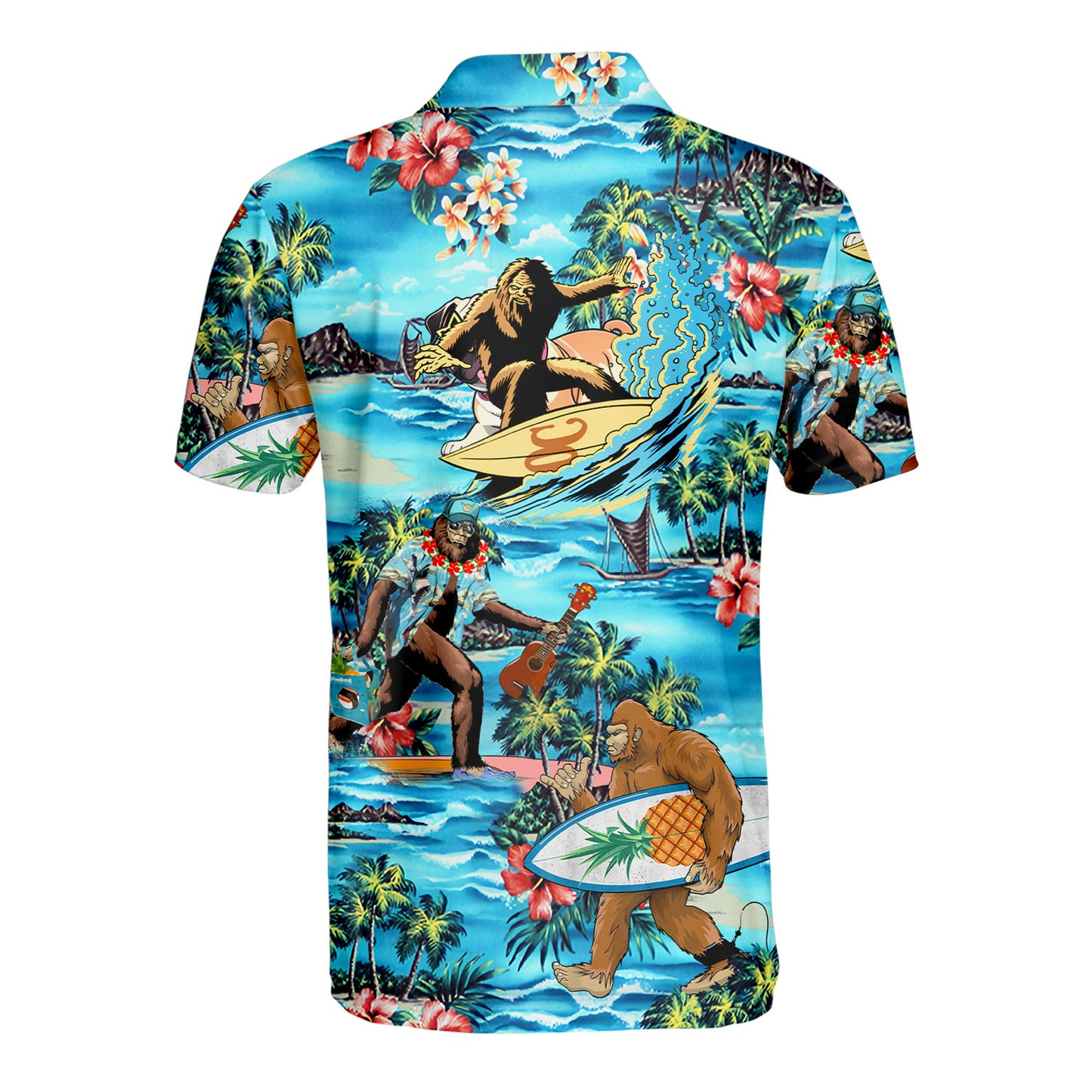 Bigfoot Polo Shirt Surfing Playing Ukulele Bigfoot Pattern Polo Tees Coloful