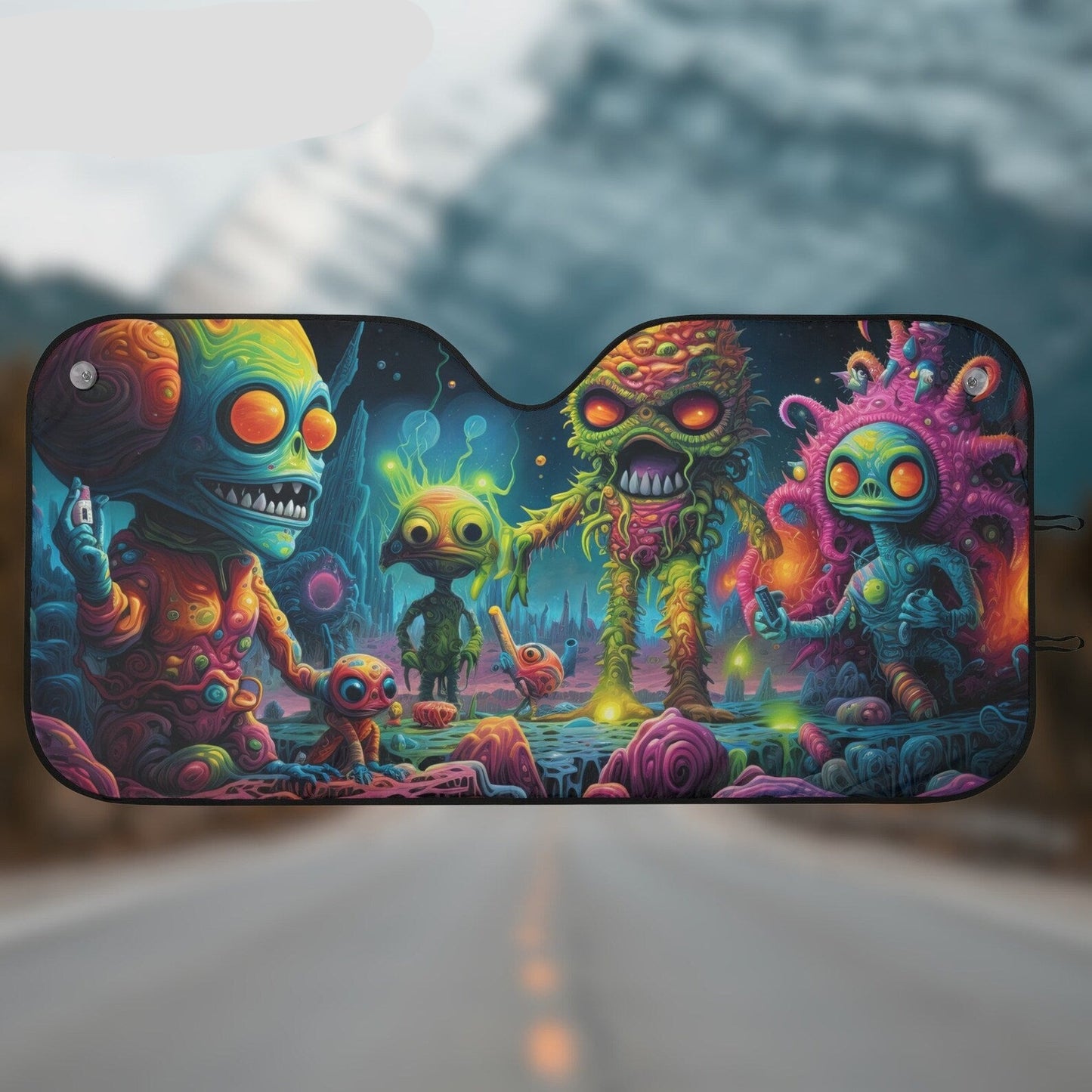 Alien Car Sun Shade Psychedelic Alien Graphic Pattern Winshield Sun Shade Colorful