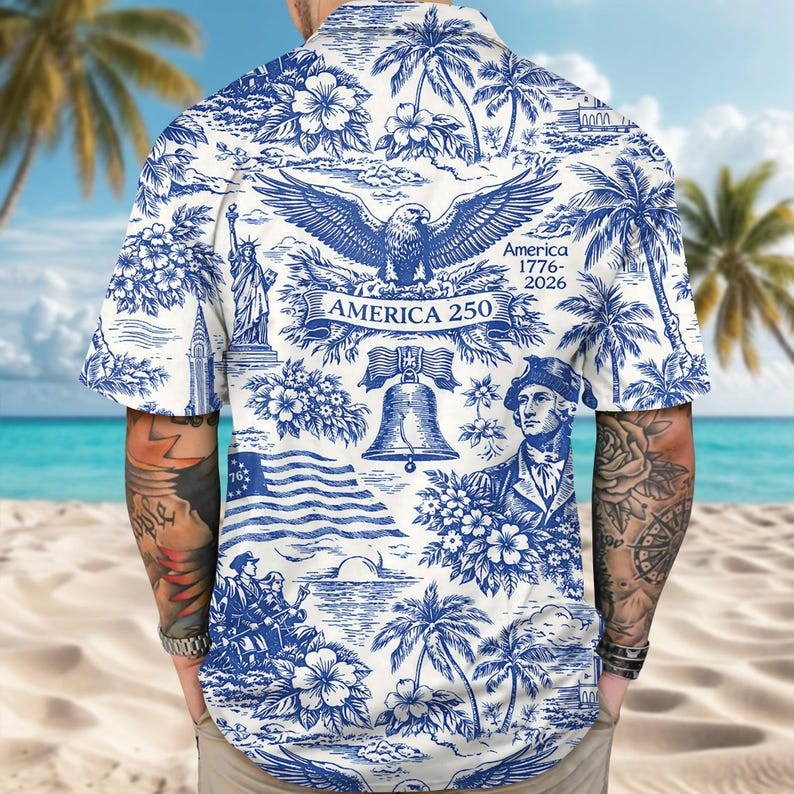 U.S. 250th Anniversary Hawaiian Shirt, America 250 Years of Freedom Button Down Shirt, Patriotic Vacation Outfit