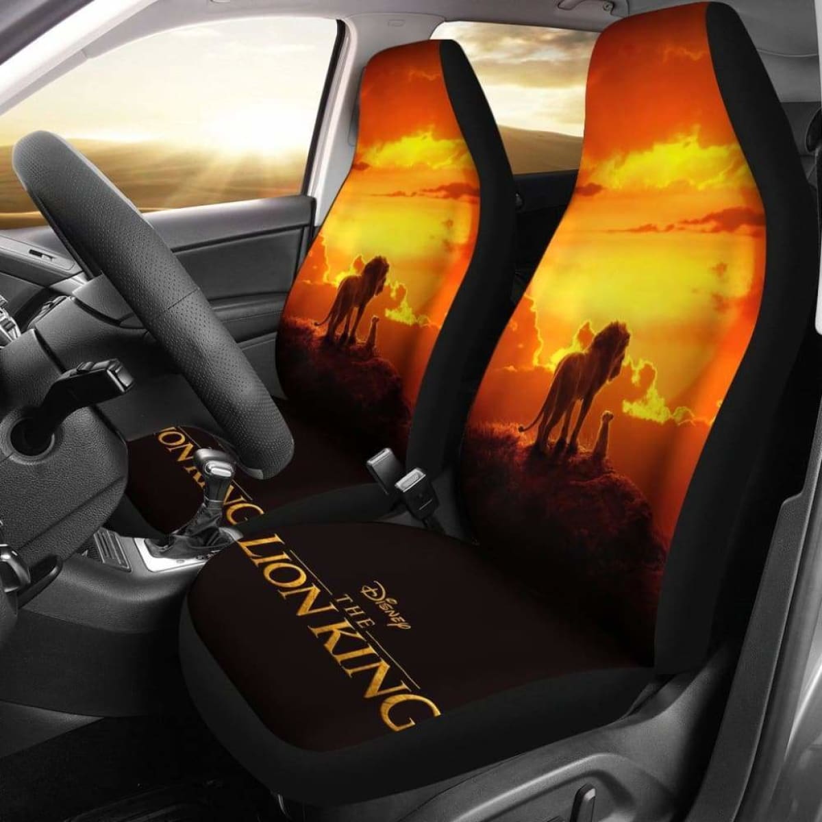 LK Car Seat Covers DN The Lion King Sunset Scene Seat Covers Black Orange