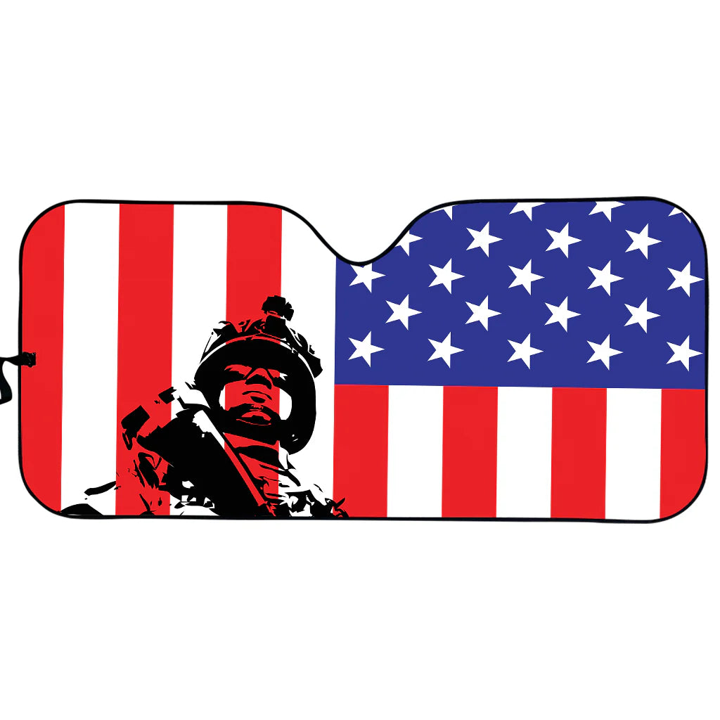Veteran Car Sun Shade Mikitary Soldier American Flag Winshield Sun Shade Red Blue