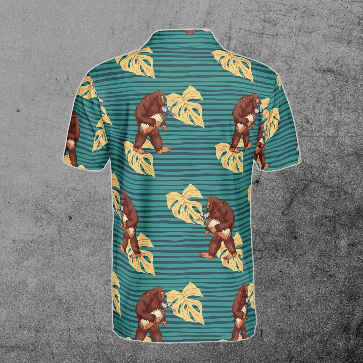Bigfoot Polo Shirt Bigfoot With Golf Clubs Tropical Plants Polo Tees Green Brown