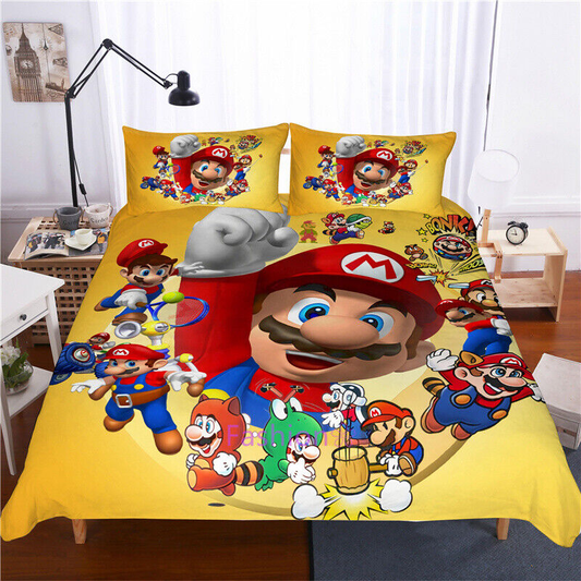 Mario Bedding Set Mario In Every Versions Graphic Duvet Covers Yellow Unique Gift