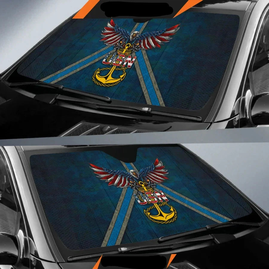 Veteran Car Sun Shade USN Symbol Eagle Flag Wings Winshield Sun Shade Blue
