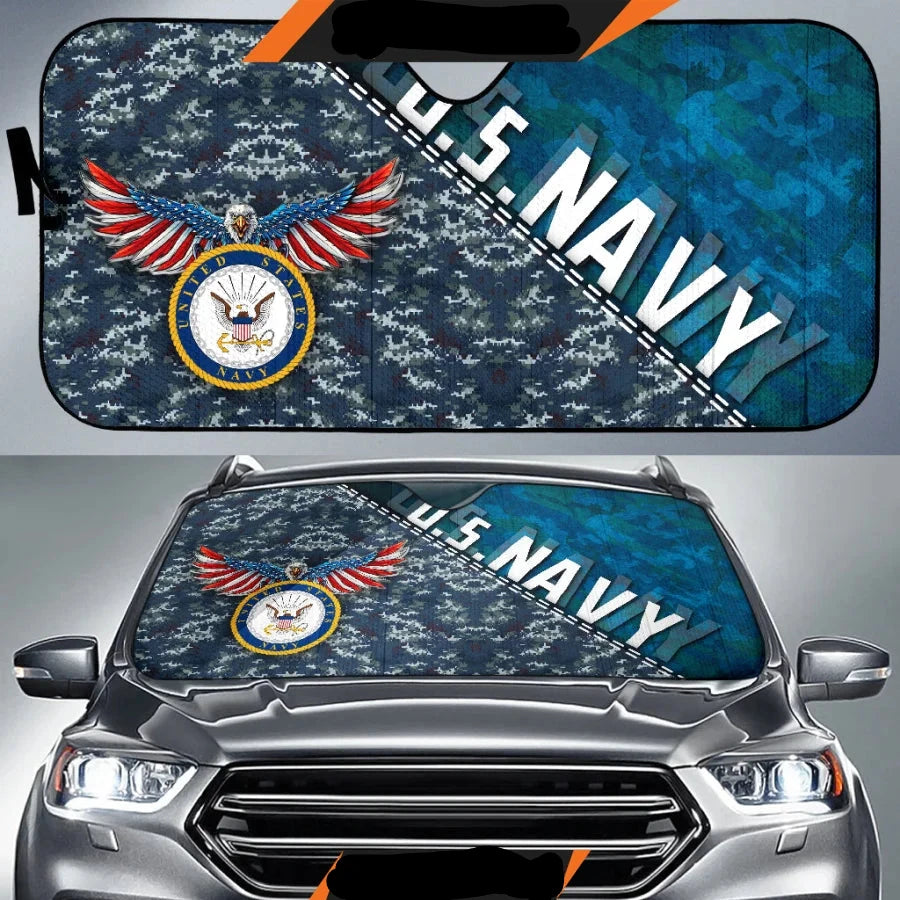 Veteran Car Sun Shade US Navy Armed Forces Camoflage Pattern Winshield Sun Shade Blue