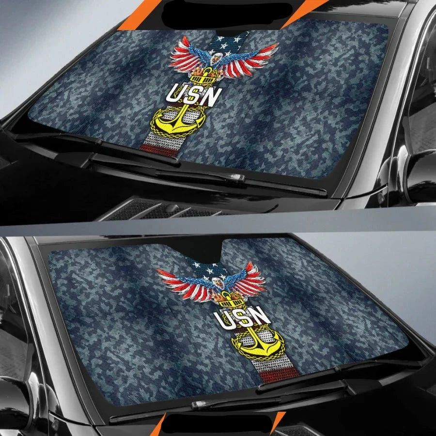 Veteran Car Sun Shade USN Symbol Eagle Flag Wings Camoflage Winshield Sun Shade Gray