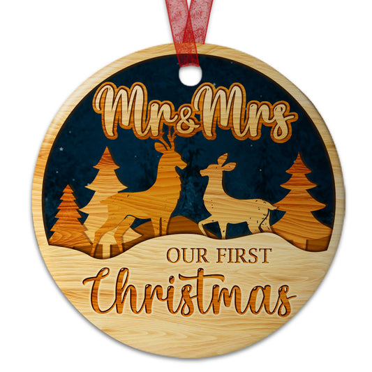 Married Ornament Our First Christmas As Mr & Mrs Ornament Wedding Anniversary Gift For Newlywed - Aluminum Metal Ornament- Deer Couple Christmas Ornament