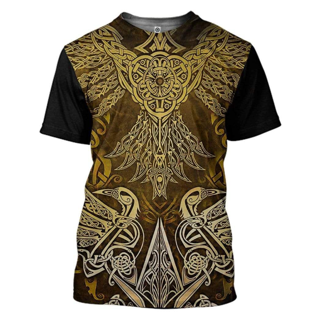 Viking T-shirt Viking Odin Face Norse Art Style Yellow Black Shirt Hoodie Full Print Full Size