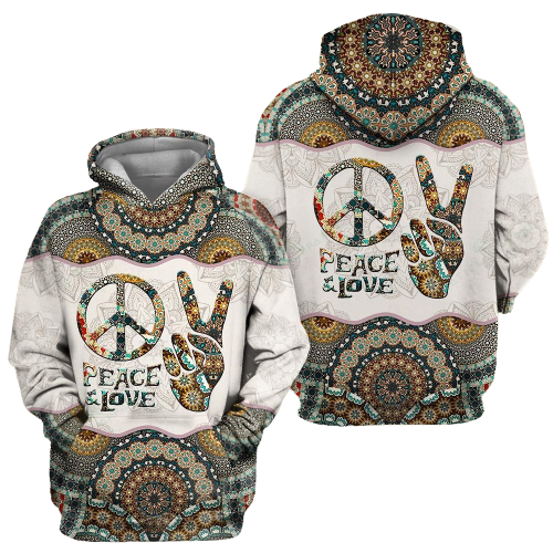 Hippie Hoodie Peace Sign Hand Mandala Green White T-shirt Hoodie Adult Unisex Full Print
