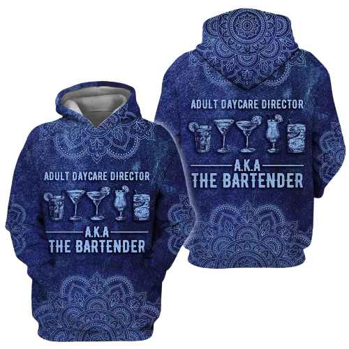 Bartender T-shirt Adult Daycare Director AKA The Bartender Mandala Blue Hoodie Bartender Hoodie