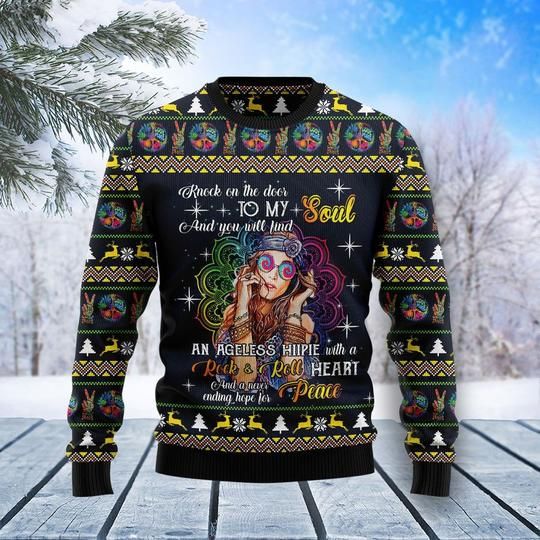Hippie Ugly Sweater Knock On The Door To My Soul And You Willl Find An Angeless Hippie Sweater
