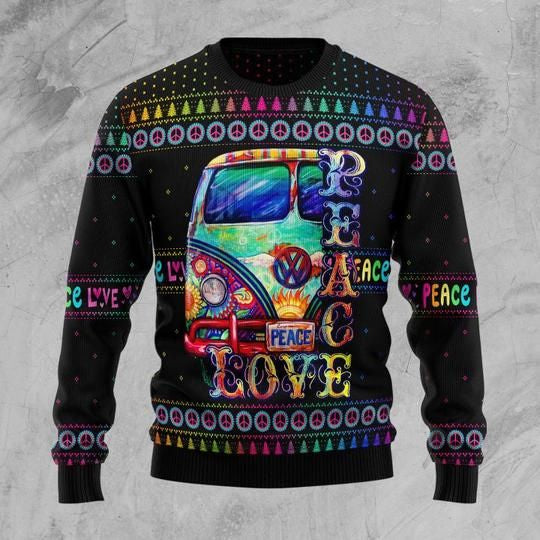 Hippie Sweater Peace Love Painting Hippie Van Peace Sign Pattern Black Ugly Sweater