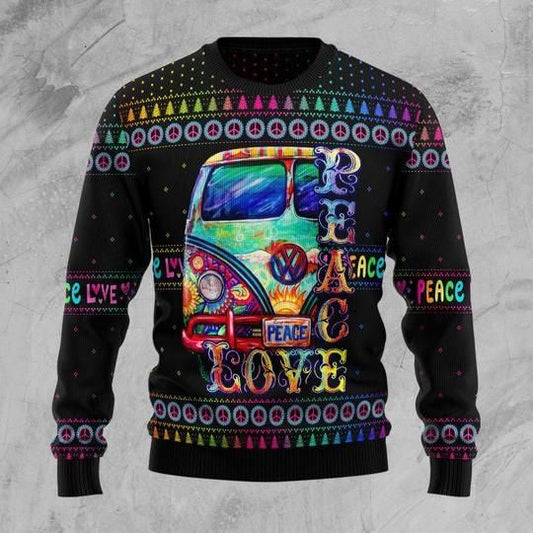  Hippie Sweater Peace Love Painting Hippie Van Peace Sign Pattern Black Ugly Sweater