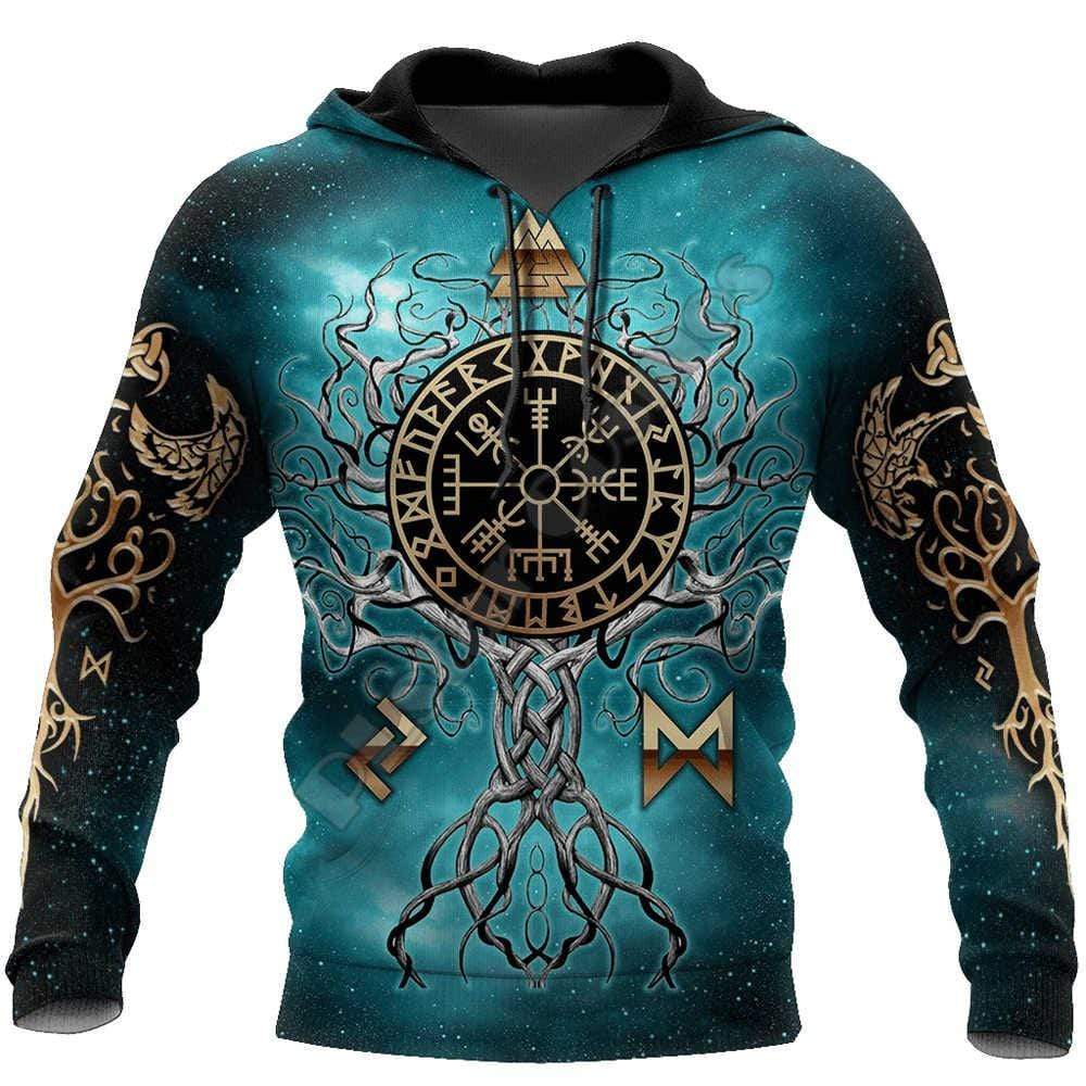 Viking Hoodie Viking Tree Of Life Valknut Vegvisir The Viking Compass Galaxy Blue Hoodie Adult Full Print
