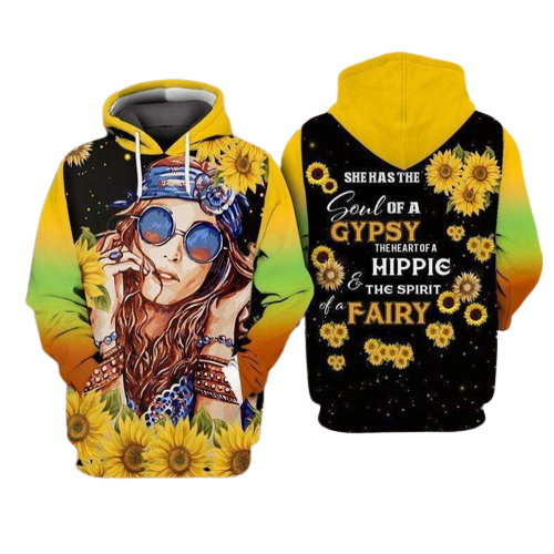 Hippie Hoodie She Has The Soul Of A Gipsy Heart Of A Hippie Spirit Of A Fairy Yellow Hoodie Women Adult Full Print