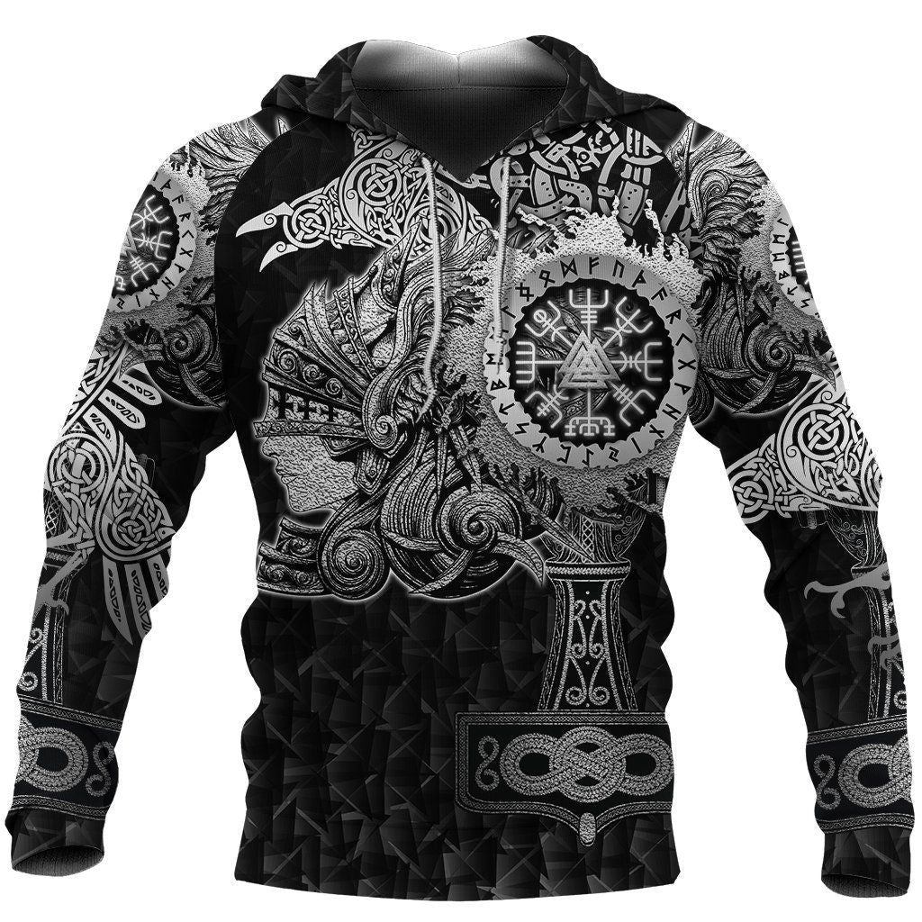 Viking Hoodie Viking Valkyrie With Raven Hammer Vegvisir The Viking Compass Black And White Hoodie Adult Full Size