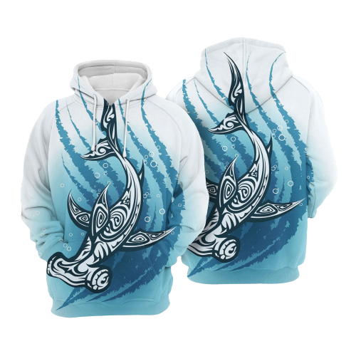 Shark Hoodie Hammerhead Shark Polynesian Style Blue White Hoodie Apparel Adult Unisex Full Print