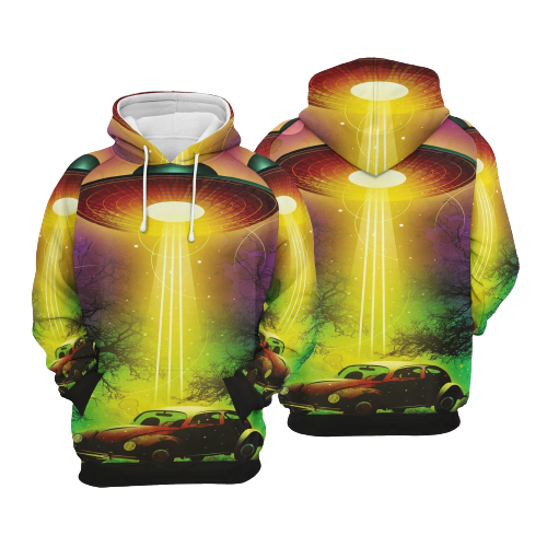 Unifinz UFO Hoodie UFO Abduction Car Yellow Green Hoodie Apparel Adult Full Print 2022