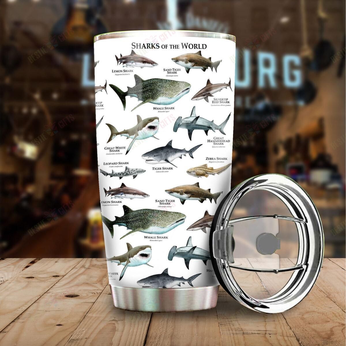 Shark Tumbler Cup 20 Oz Sharks Of The World Whale Shark Tiger Shark White Tumbler 20 Oz