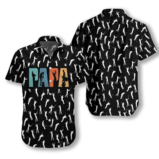 Unifinz Father Golfing Hawaii Shirt Papa Golfing Posing Pattern Black White Hawaiian Aloha Shirt 2022
