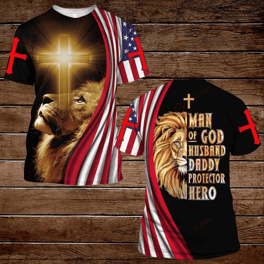 Unifinz Father Day God Shirt Man Of God Husband Daddy Protector Hero Lion Cross T-shirt Father Day God Hoodie Father's Day Gift 2022