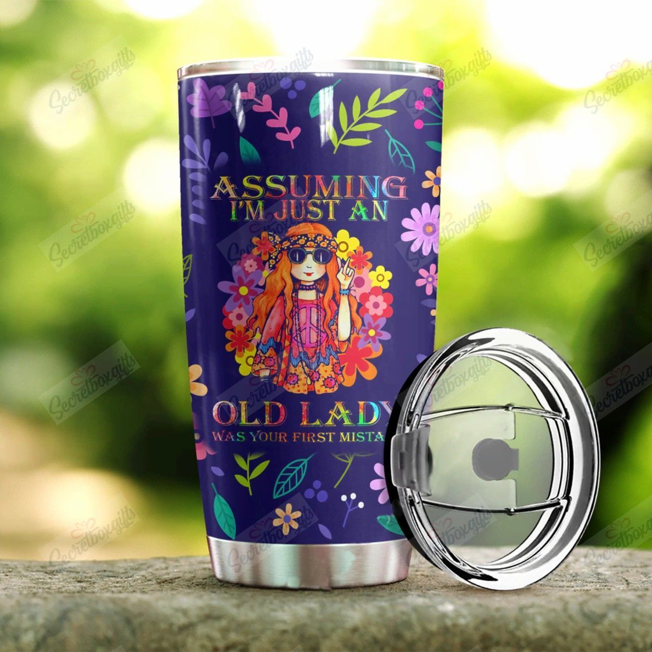 Hippie Tumbler Cup 20 Oz Assuming I'm Just An Old Lady Was Your First Mistake Hippie Girl Dark Blue Tumbler 20 Oz Travel Mug