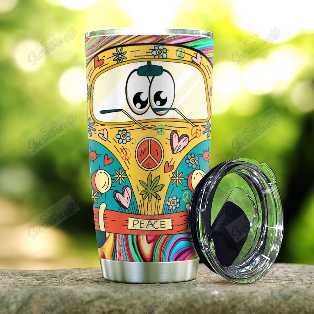 Hippie Tumbler 20 Oz Yellow Van With Eyes Peace Colorful Tumbler Cup 20 Oz