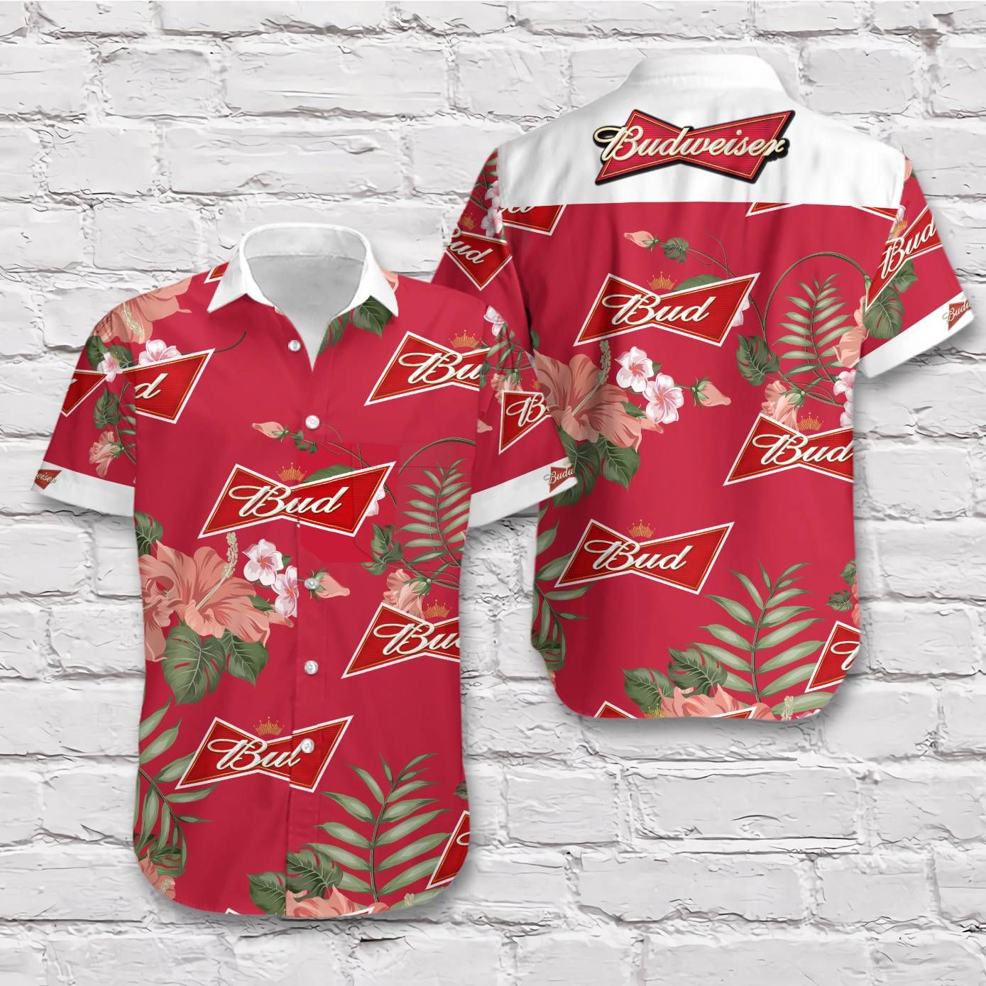 Beer Hawaii Shirt Budweiser Logo Tropical Hibiscus Flower Red
