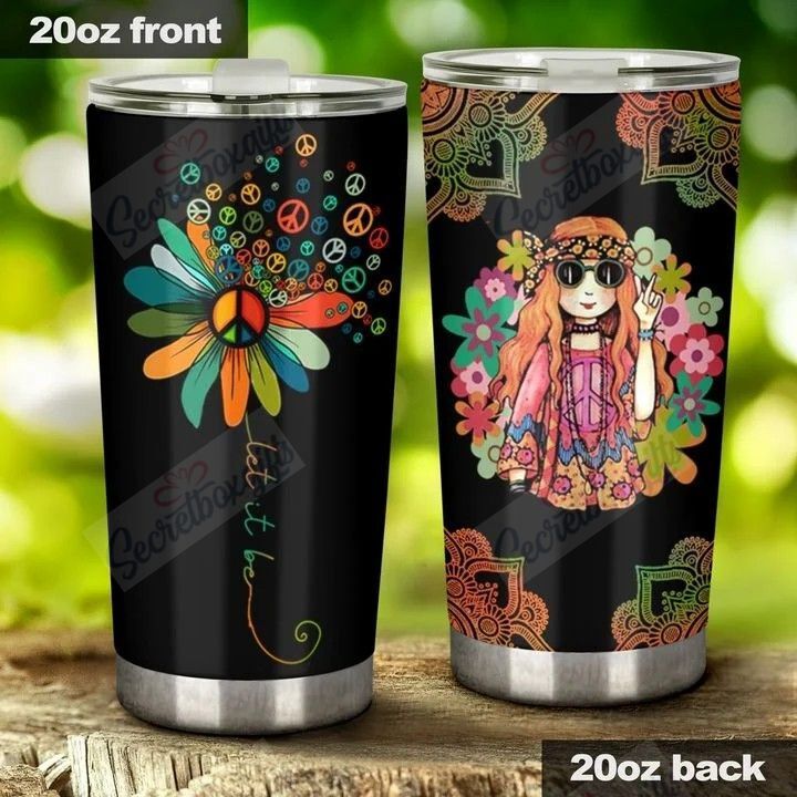 Hippie Tumbler Cup 20 Oz Hippie Girl Flowers Let It Be Black Tumbler 20 Oz
