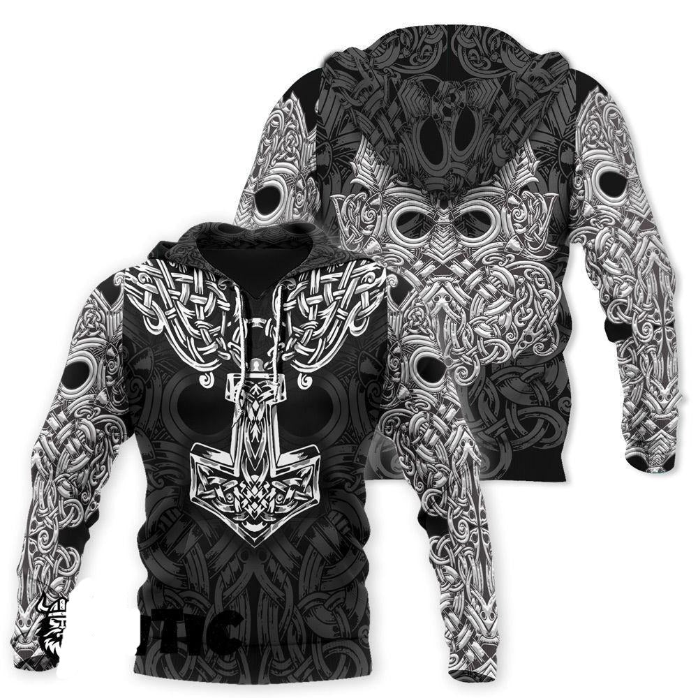 Viking Hoodie Viking Hammer Odin Norse Art Tattoo White Black Hoodie Full Print Full Size