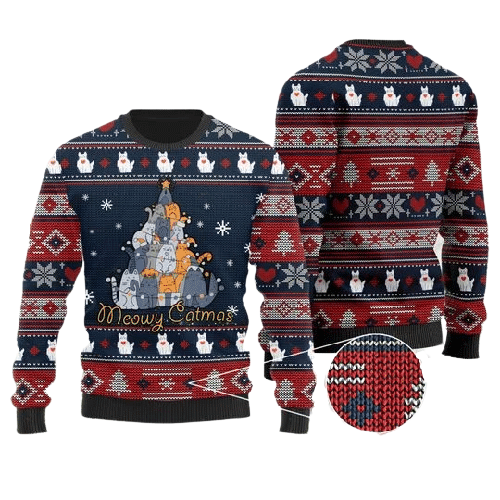 Unifinz Cat Christmas Sweater Cat Christmas Tree Meowy Catmas Christmas Snowflakes Pattern Ugly Sweater