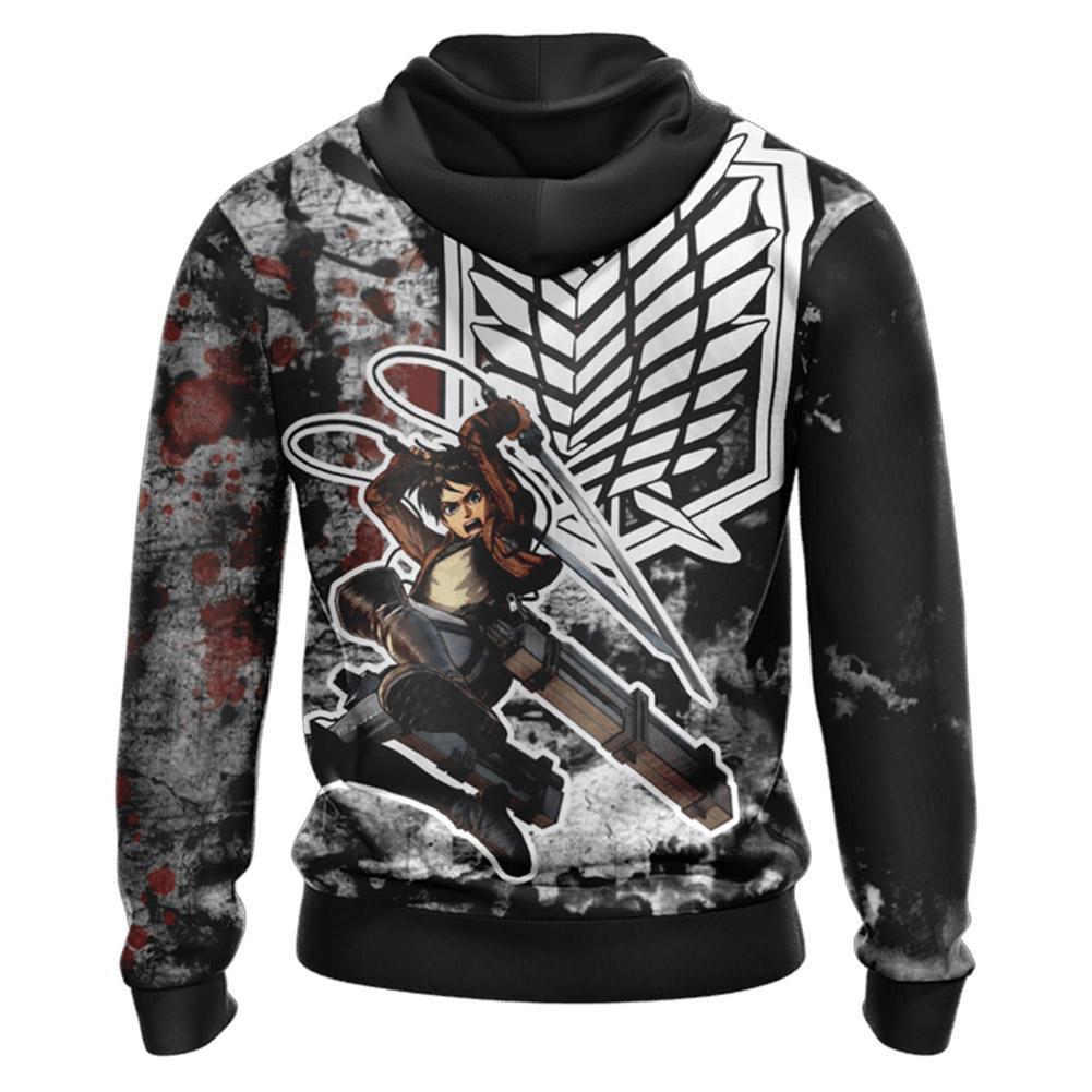 Attack On Titan Hoodie Eren Yeager And Mikasa Survey Corps Symbol Black Hoodie Adult Anime Hoodie Full Print