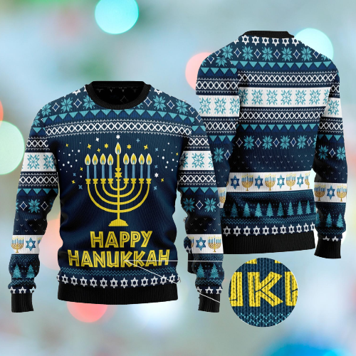Hanukkah Ugly Sweater Happy Hanukkah Candles White Blue Sweater