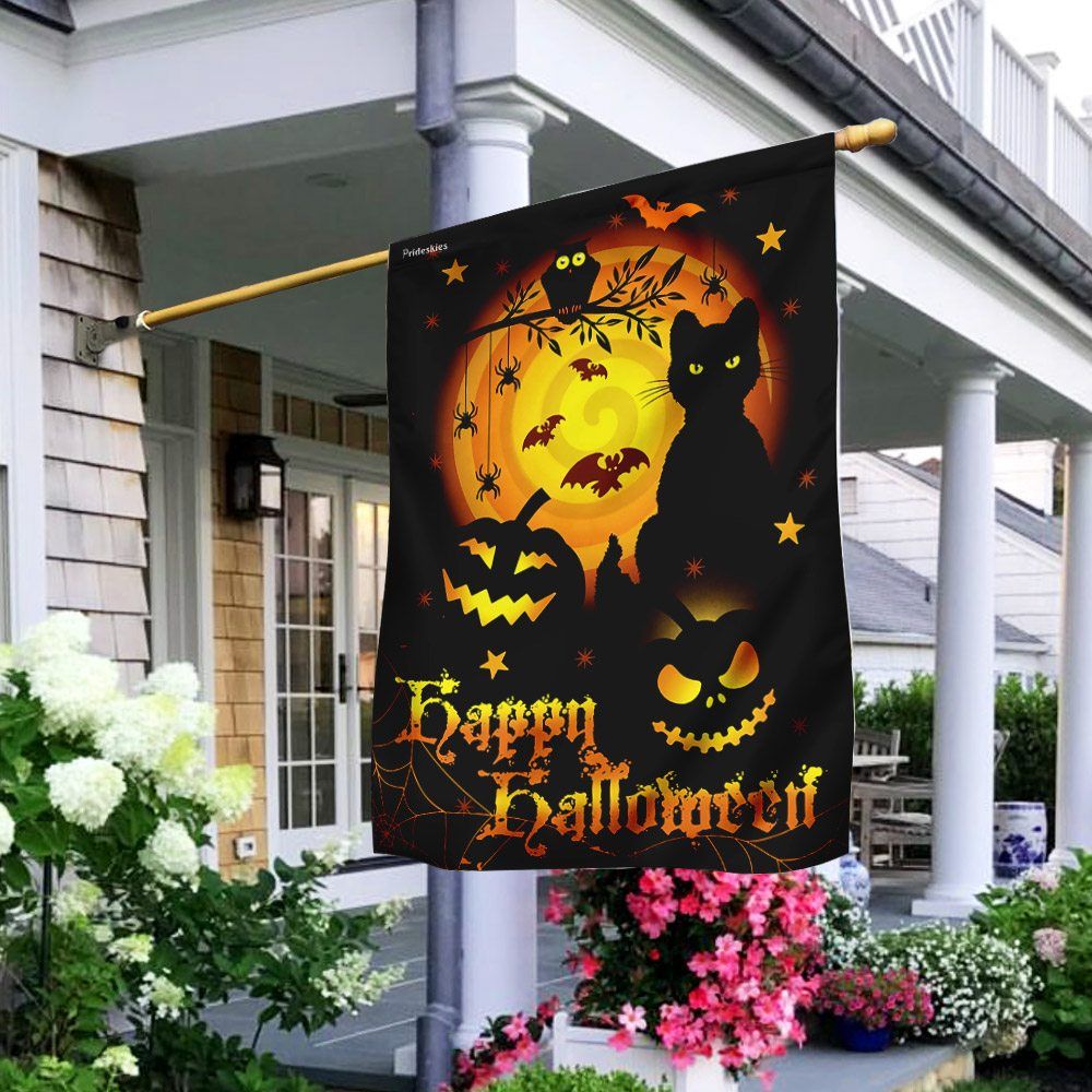 Halloween Flag Happy Halloween Black Cat And Pumpkin Black House Flag