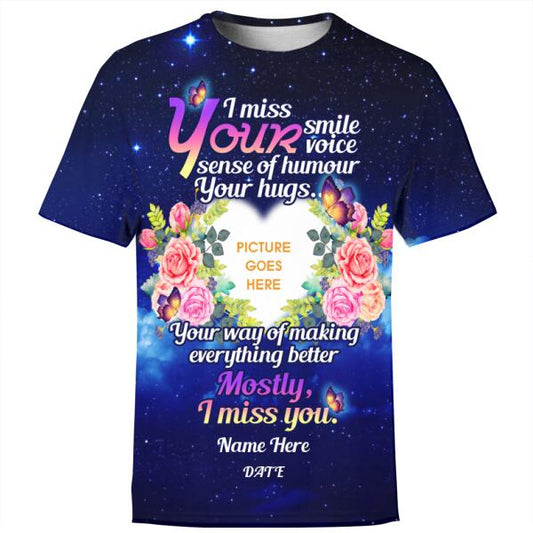 Unifinz Personalized Memorial Shirt I Miss Your Smile I Miss You Butterfly For Mom, Dad, Grandpa, Son, Daughter Custom Memorial Gift M239