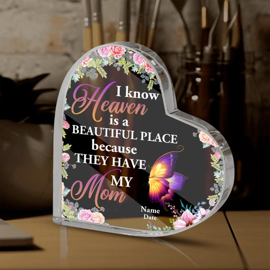 Personalized Memorial Heart Crystal Keepsake I Know Heaven Is A Beautiful Place Custom Memorial Gift M647