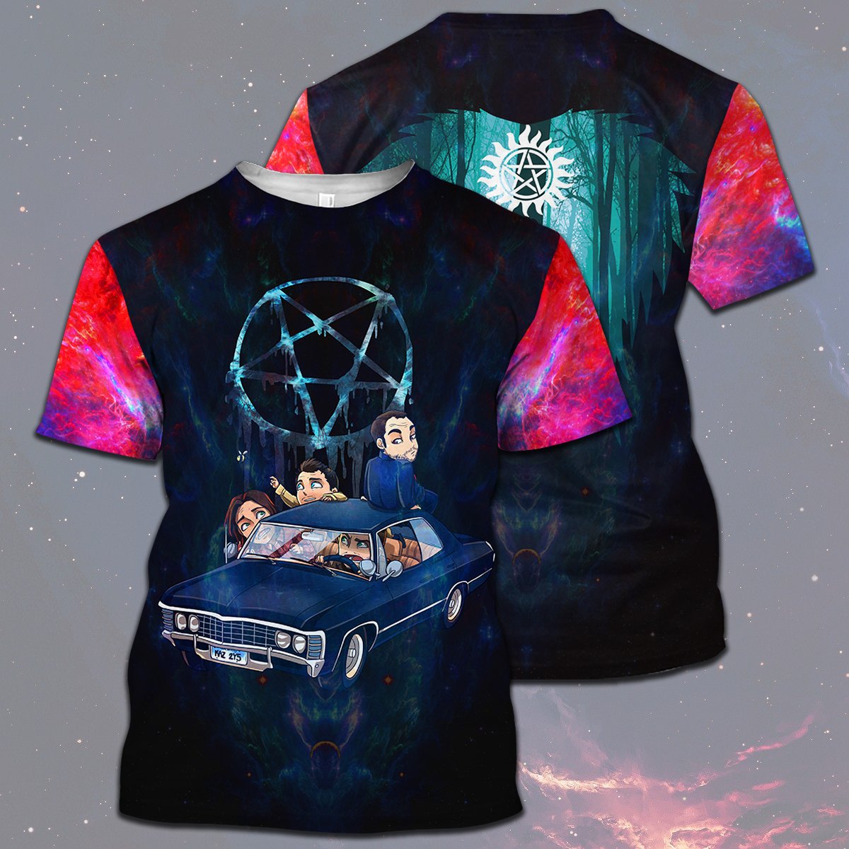 Supernatural T-shirt Chibi Cute Characters Supernatural Logo Blue T-shirt Hoodie Adult Full Print