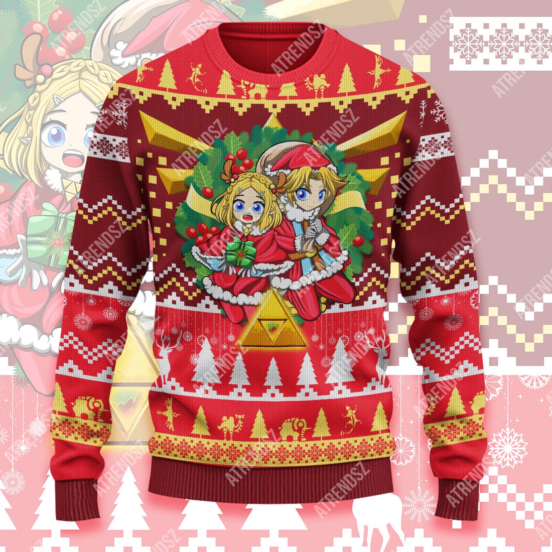 Unifinz Legend Of Zelda Sweater Chibi Zelda Link Wreath Christmas Ugly Sweater Legend Of Zelda Ugly Sweater