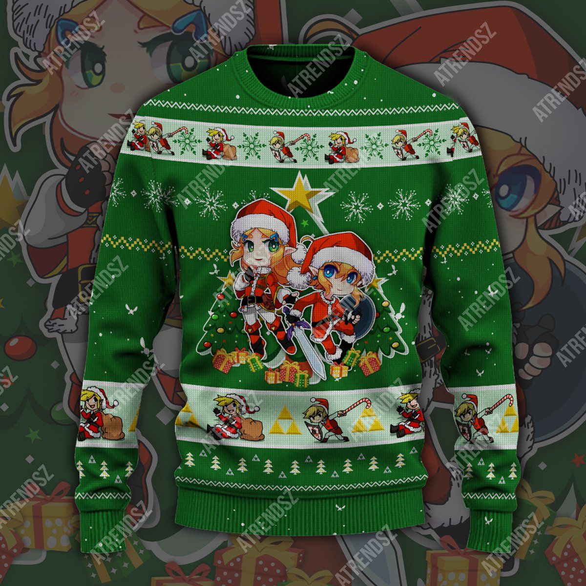 Unifinz Legend Of Zelda Sweater Green Chibi Link Zelda Hyrule Symbol Ugly Sweater Legend Of Zelda Ugly Sweater