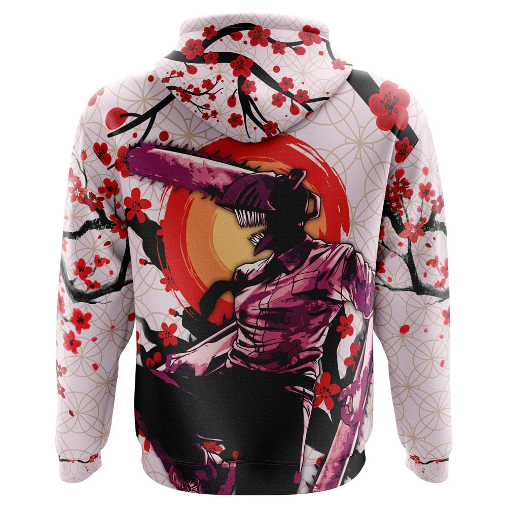 Chainsaw Man Hoodie Denji And Pochita Cherry Blossom Hoodie Pink Unisex
