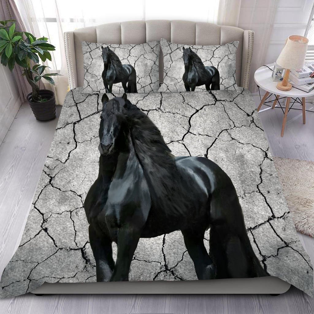 Horse Bedding Set Black Horse On Desert Land Duvet Covers Gray Unique Gift