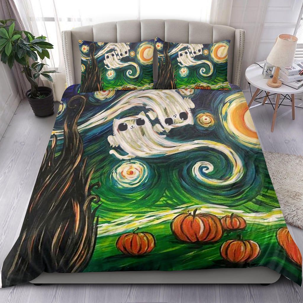 Halloween Bedding Set Cat Starry Night Halloween Duvet Covers Green Unique Gift