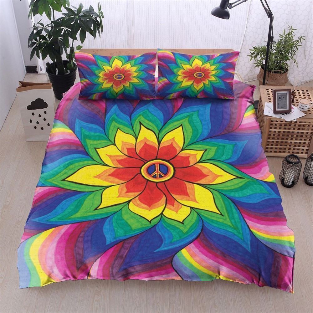 Hippie Bedding Set Hippie Flower Peace Sign Duvet Covers Colorful Unique Gift