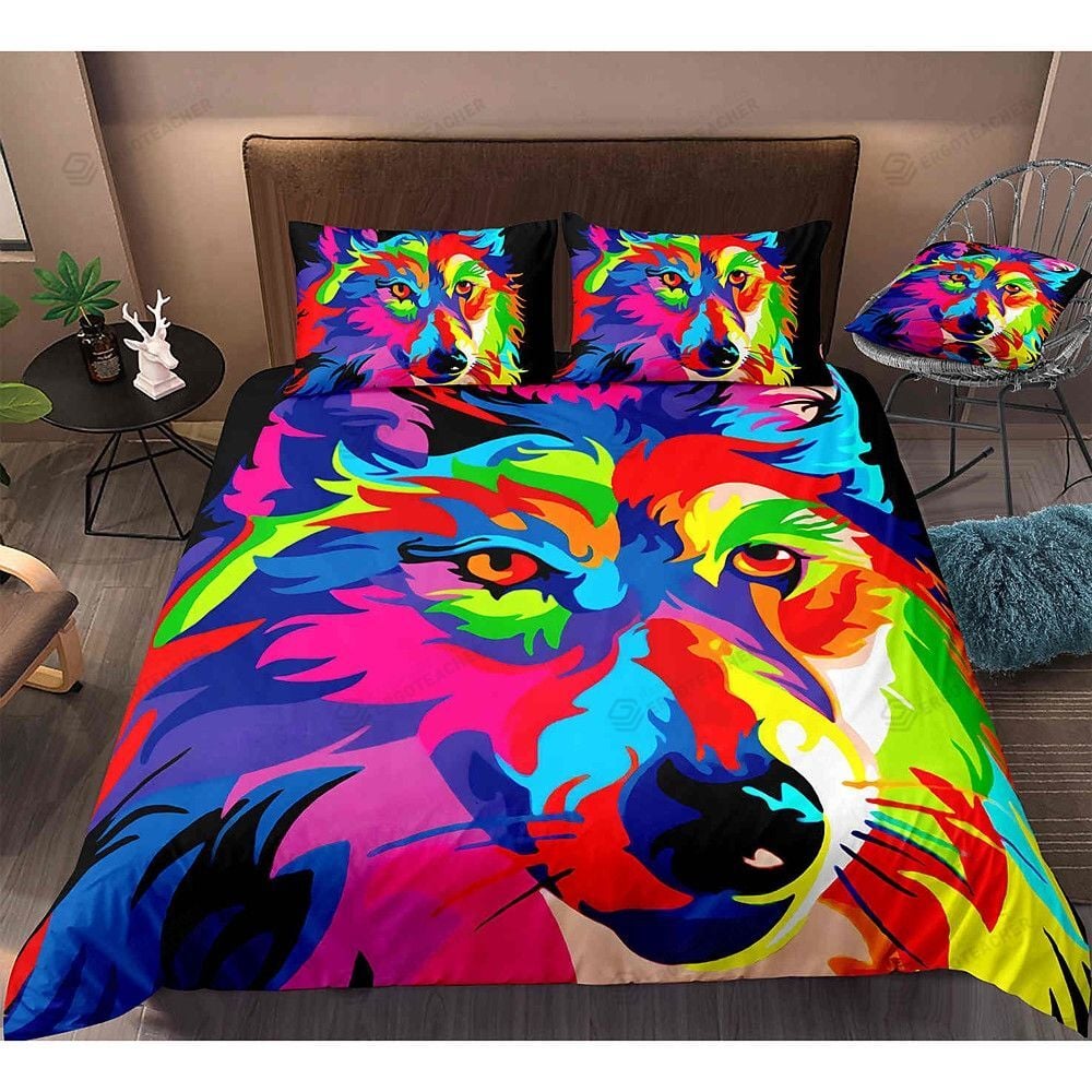 Wolf Bedding Set Multicolor Wolf Art Graphic Duvet Covers Colorful Unique Gift