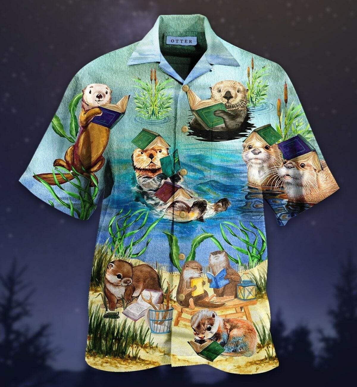 Book Hawaiian Shirt Cute Otter Reading Book Blue Hawaii Aloha Shirt