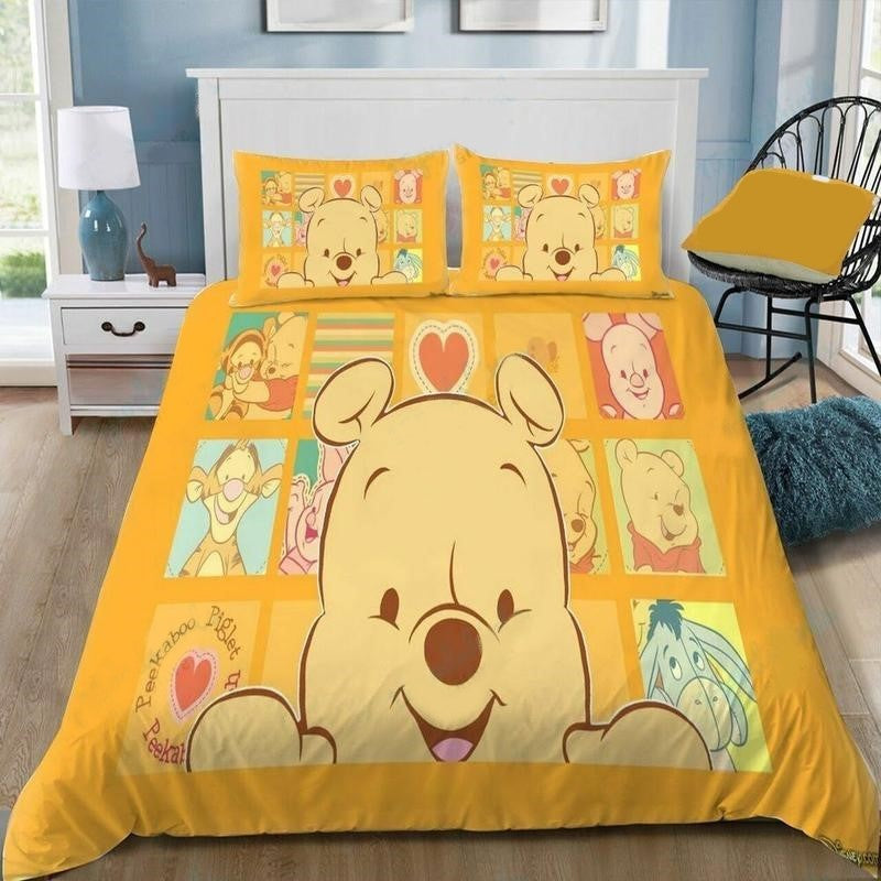WTP Bedding Set DN Chibi Pooh And Friends Pattern Duvet Covers Yellow Unique Gift