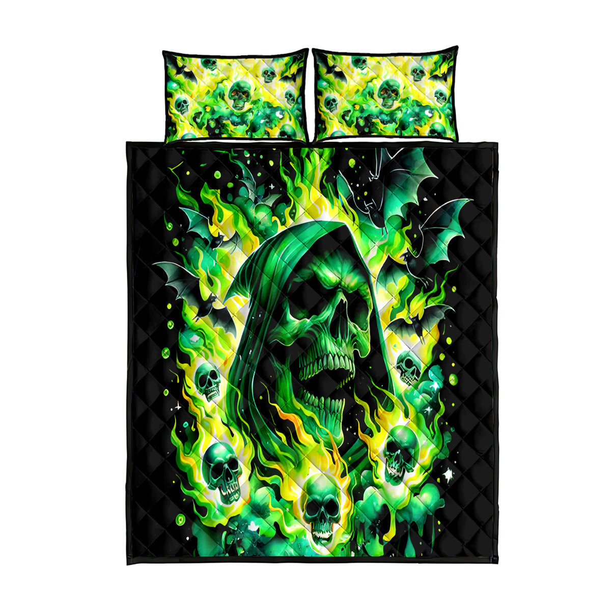 Skull Bedding Set Flaming Skull And Bat Pattern Duvet Covers Green Unique Gift