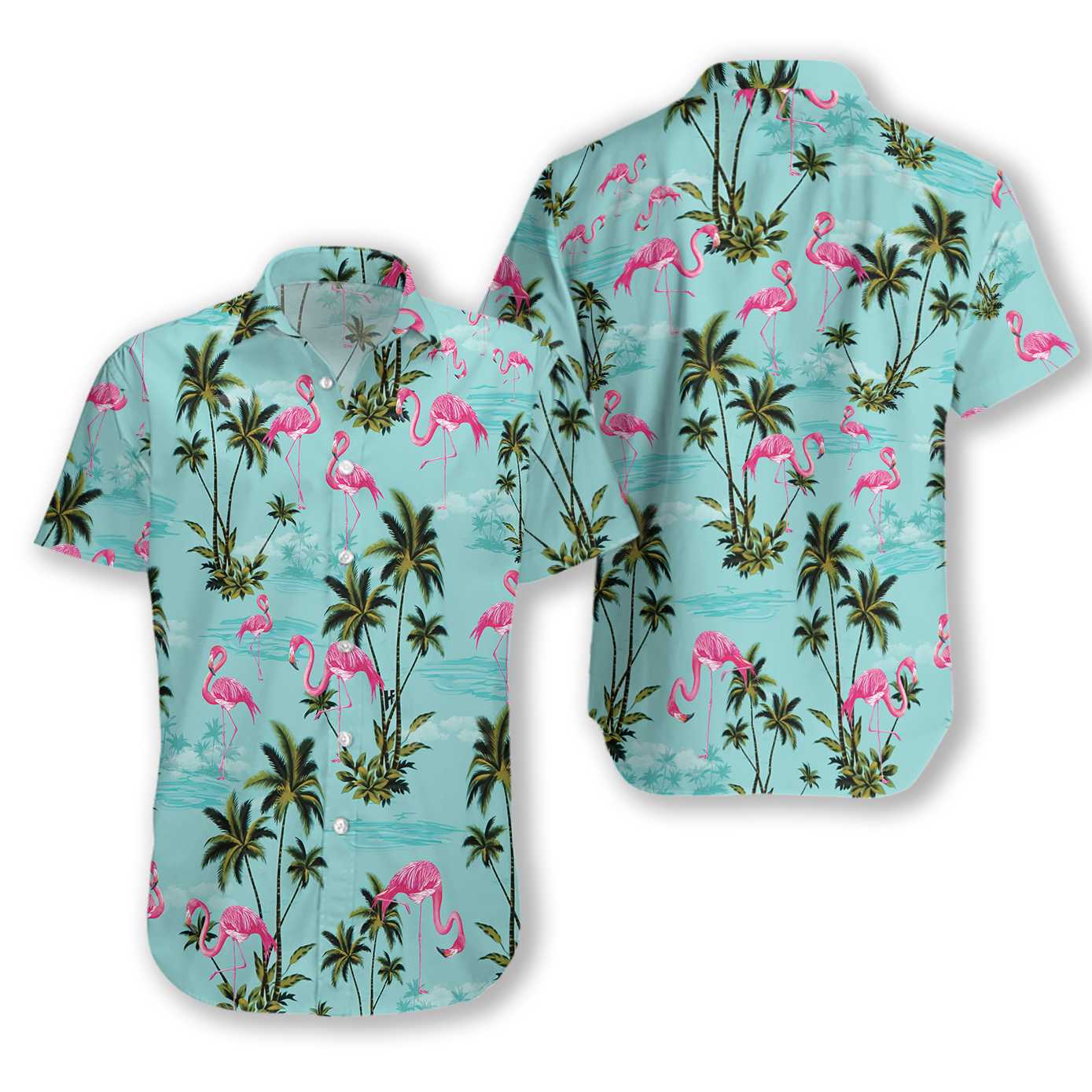 Unifinz Flamingo Hawaiian Shirt Blue Flamingo Palm Tree Hawaii Shirt Flamingo Aloha Shirt 2024
